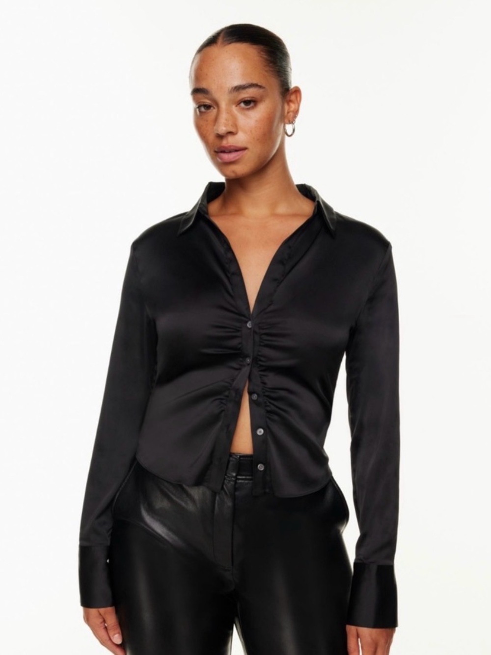 Aritzia Babaton Satin Ruched Button Up Shirt - Black